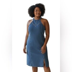 Ashley Stewart Blue Denim Grommeted Sleeveless Midi Dress - Size 16 NWT